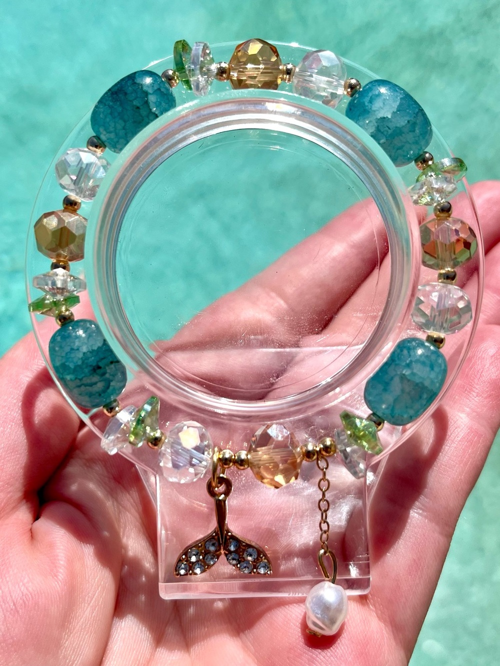 Mermaid Tail Glass Beaded Bracelet With Rhinestones NWOT